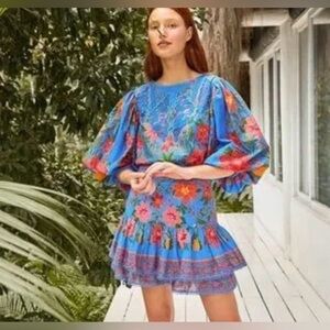 Farm Rio Blue Tropical Tapestry Mini Skirt & Blouse M